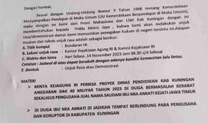 Front Mahasiswa dan Aktivis Kabupaten Kuningan Sebut Ada dugaan keterlibatan  Keluarga Petinggi Kejati Jatim dalam Anggaran DAK