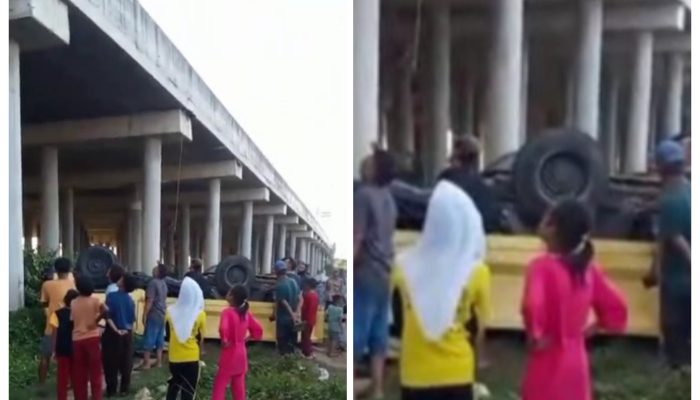 Sebuah Truk Terjun dari Ketinggian 6 Meter di Tol Cibitung-Cilincing, Dua Orang Terluka