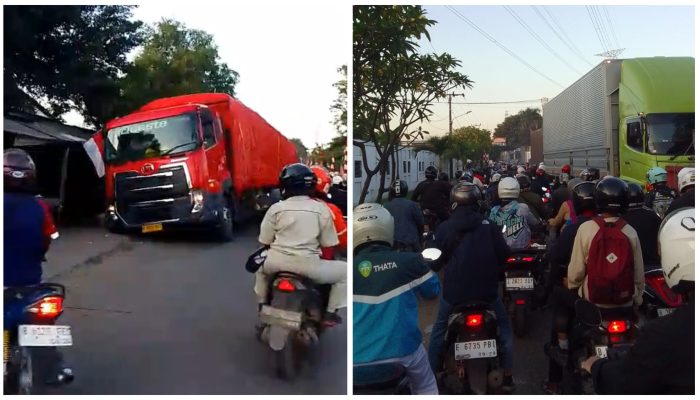 Truk Terperosok di Depan PT Indofood Jarakosta, Lalu Lintas Cikarang Barat Lumpuh Total