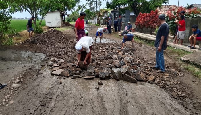 Warga Langensari Gotong Royong Perbaiki Jalan Kabupaten yang Hancur dan Membahayakan